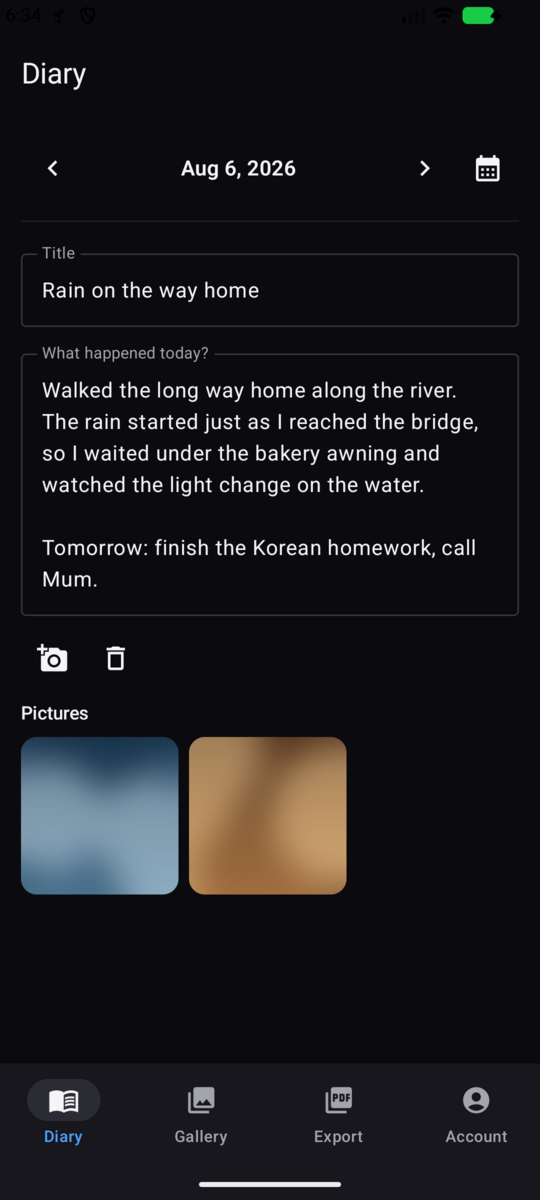 CanopyDiary Android app — the same diary entry with title, notes, and attached pictures