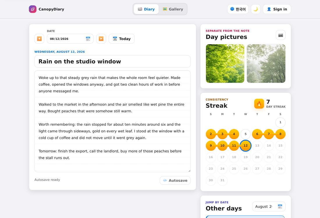 CanopyDiary web app — diary entry with a date picker, the day's pictures, and a streak calendar