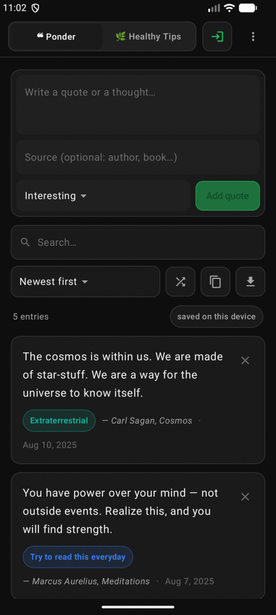 Ponder Android app — the same quote composer and list of saved entries
