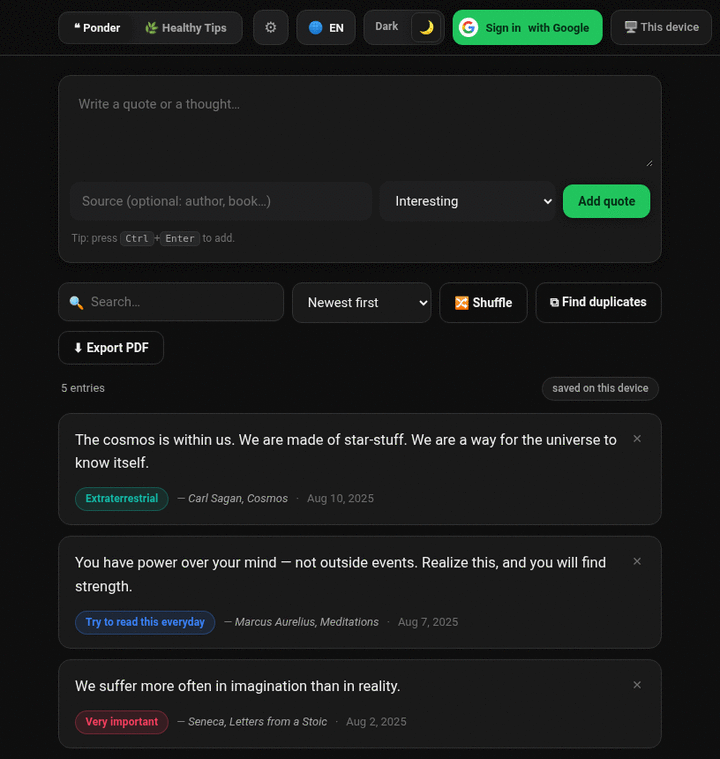 Ponder web app — a composer for a quote with an optional source and tag, above search, shuffle and PDF export controls