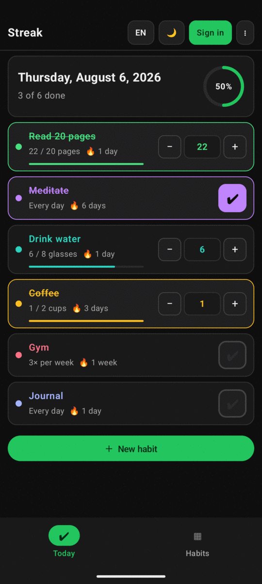 Streak Android app — today's habit checklist with progress rings, streak counts, and per-habit tags
