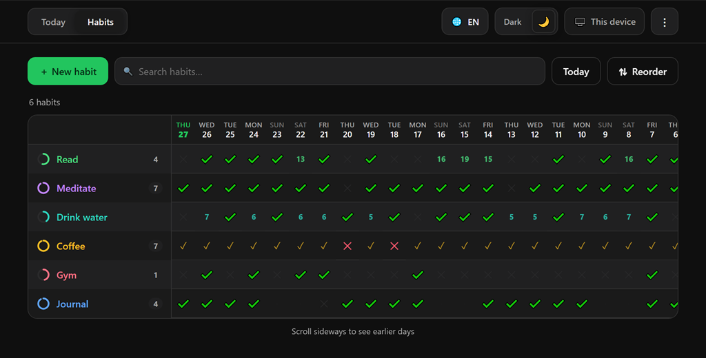 Streak web app — the habit grid, one row per habit and one column per day, with current streaks down the left