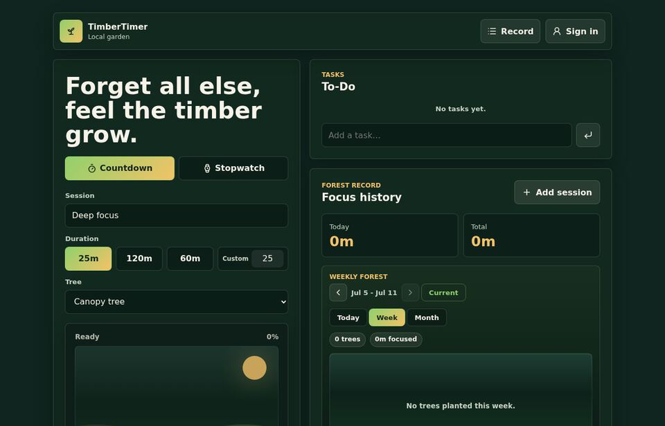 TimberTimer app — a countdown with session name, duration and tree species beside a to-do list and a weekly forest of completed sessions