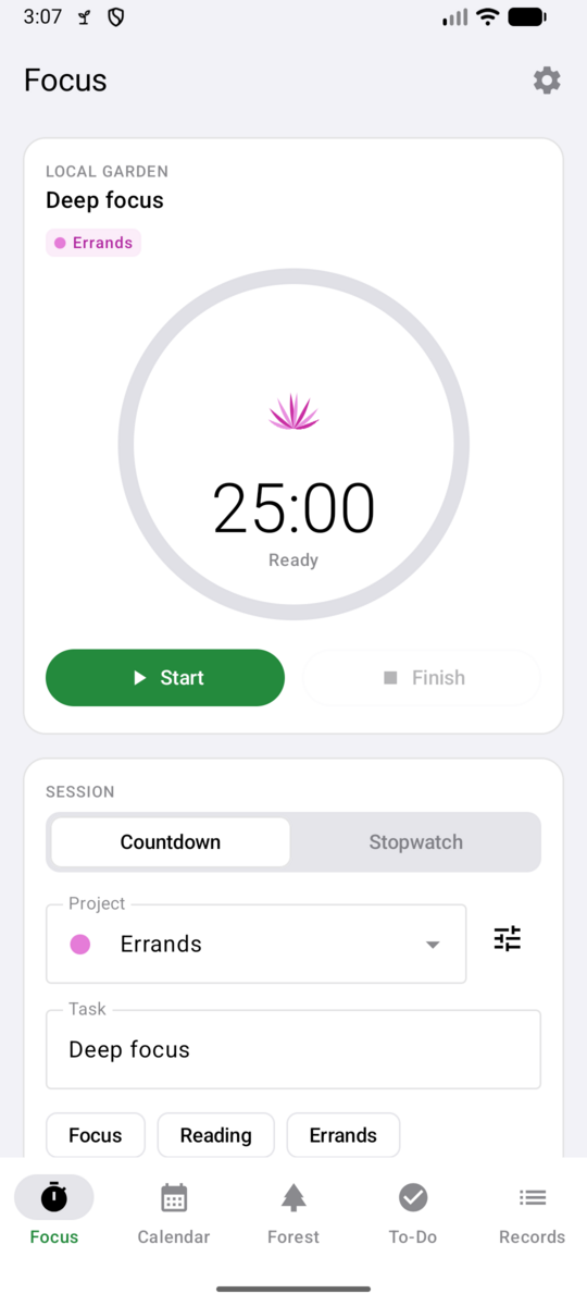 TimberTimer Android app — the same countdown, project, and task fields