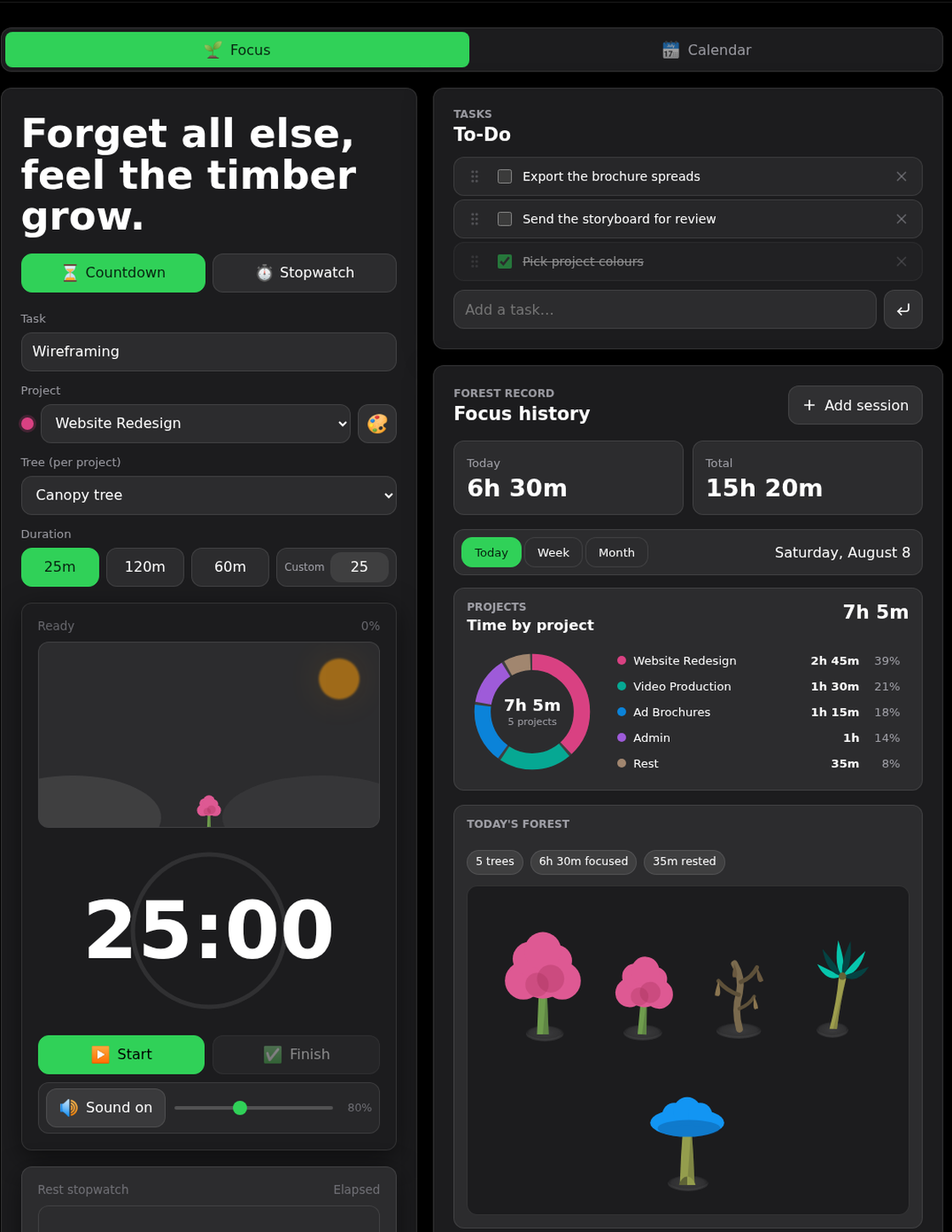 TimberTimer web app — a countdown beside a to-do list and a weekly forest of completed sessions