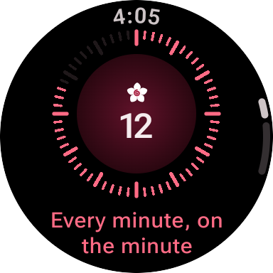WhiteRose on a Galaxy Watch — a minute countdown ring reading 'Every minute, on the minute'